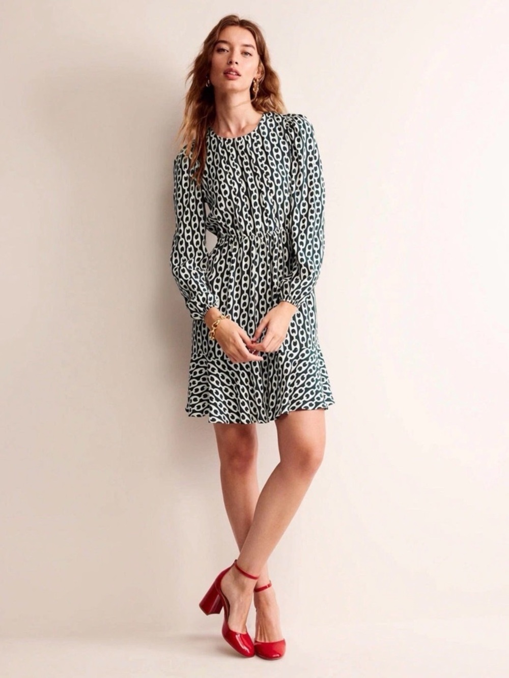 Boden Chain Print Mini Dress Green Long Sleeve Boho Flowy Chic Size 8